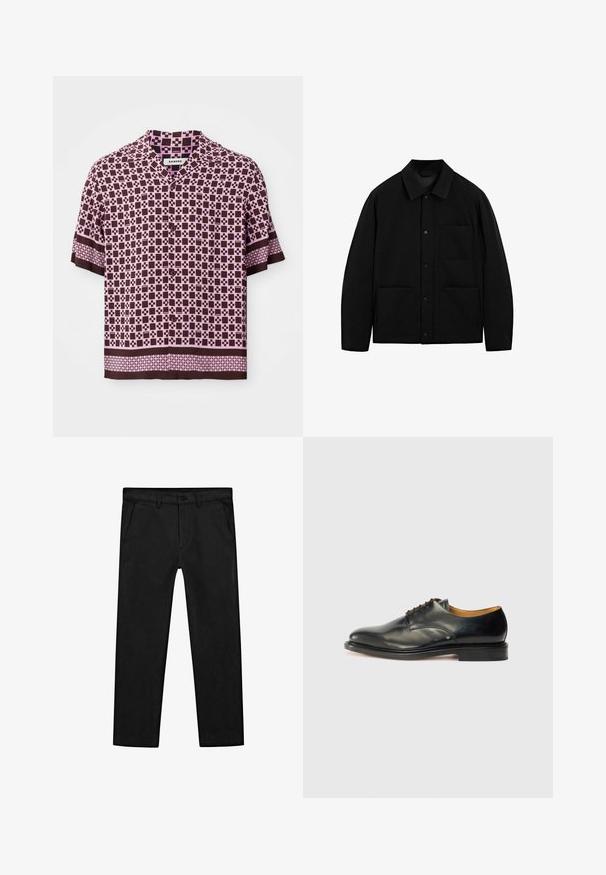 Giacca nera con bottoni, colletto, maniche lunghe e tre tasche frontali, esposta su uno sfondo bianco.; Camicia a maniche corte con un motivo geometrico marrone e rosa, realizzata in tessuto leggero, con collo e chiusura a bottone.; Pantaloni neri in cotone con design a gamba dritta, tasche frontali e chiusura classica con bottone e zip. Texture liscia, vestibilità sartoriale.; Scarpa da uomo in pelle nera con finitura liscia, punta rotonda e lacci minimi. Presenta un design sobrio e una suola in gomma bassa e robusta.