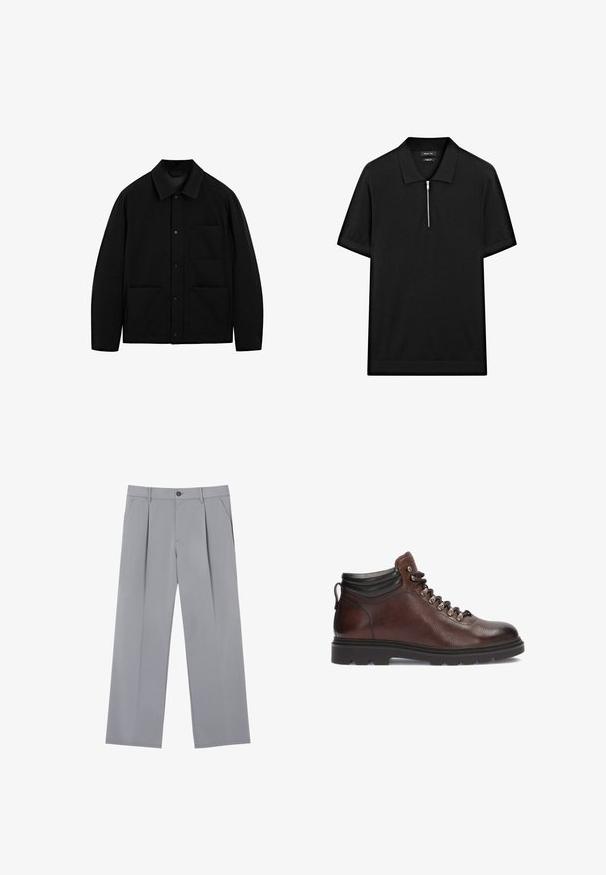 Sort skjortejakke med krave, lange ærmer og tre forlommer, præsenteret på en hvid baggrund.; Sort kortærmet polo skjorte med ståkrave og frontlynlås. Lavet af et glat stof med et rent, minimalistisk design.; Grå plisserede bukser med en afslappet pasform, lavet af et letvægtsstof. Har forlommer og en knaplukning i taljen.; Brune læder vandrestøvler med en struktureret finish, sølv øjer og en sort ankelkrave. Gummisål med et robust mønster.