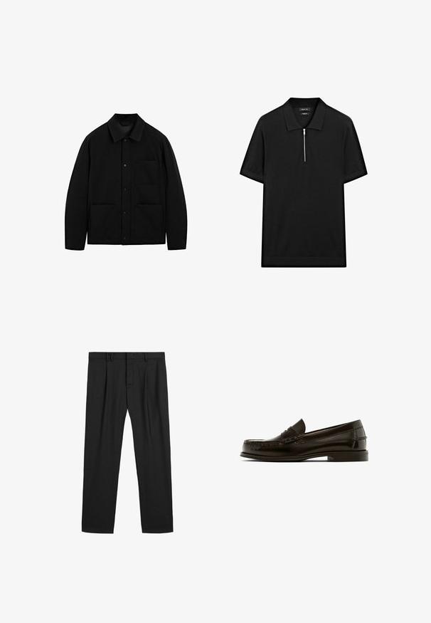 Schwarze Knopfjacke mit Kragen, langen Ärmeln und drei Vorderentaschen, auf einem weißen Hintergrund präsentiert.; Schwarzes kurzärmliges Poloshirt mit Stehkragen und einem Reißverschluss vorne. Hergestellt aus einem glatten Stoff mit einem klaren, minimalistischen Design.; Schwarze plissierte Hose aus einem glatten Stoff, mit einem traditionellen Bund und geradem Bein. Keine sichtbaren Muster oder Metallteile.; Braune Lederloafer mit abgerundetem Zehenbereich, dekorativer Naht und niedrigem Absatz. Glatte Textur mit minimalem Beschlag und klassischem Design.