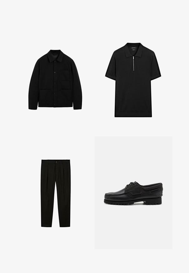 Czarna kurtka zapinana na guziki z kołnierzem, długimi rękawami i trzema przednimi kieszeniami, wyeksponowana na białym tle.; Czarna koszulka polo z krótkim rękawem, z kołnierzykiem stójkowym i zamkiem błyskawicznym z przodu. Wykonana z gładkiego materiału o czystym, minimalistycznym designie.; Czarne dopasowane spodnie wykonane z gładkiego materiału. Cechy to płaski przód, szerokie nogawki i zapięcie na guzik w pasie.; Czarny but z skórzaną cholewką, tekstylnymi akcentami, okrągłymi sznurowadłami i teksturowaną gumową podeszwą. Posiada przeszycia w stylu mokasynowym oraz szczegóły z logo.