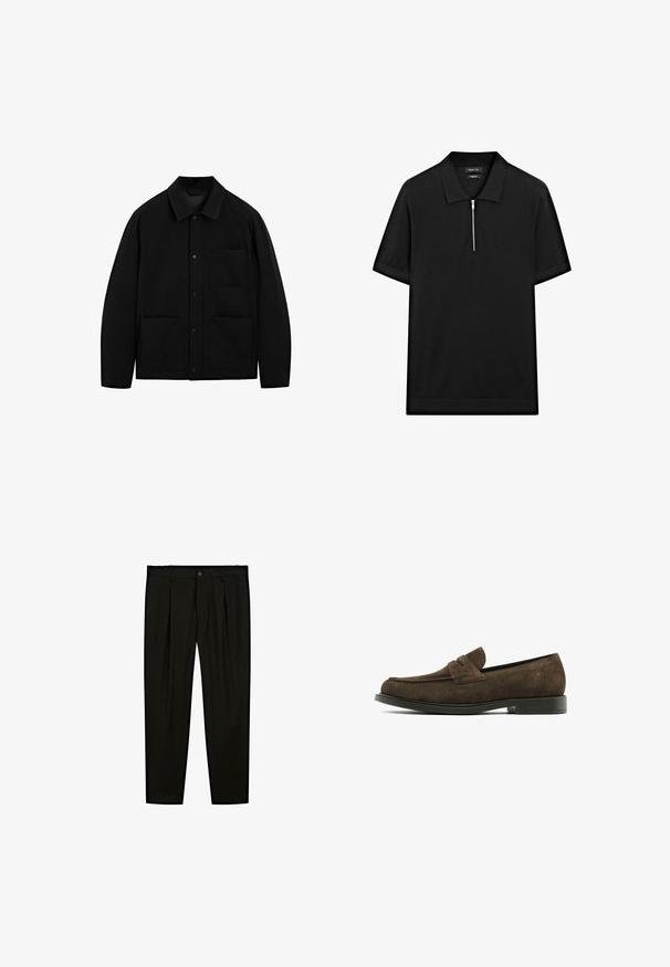 Black button-up jacket with a collar, long sleeves, and three front pockets, displayed on a white background.; Black short-sleeve polo shirt with a stand collar and a front zipper. Made of a smooth fabric with a clean, minimalist design.; Black tailored trousers made of smooth fabric. Features include flat front, wide legs, and a button closure at the waistband.; Dark brown suede loafer with a rounded toe, stitched detailing, and a flat rubber sole. Features a classic penny keeper accent.