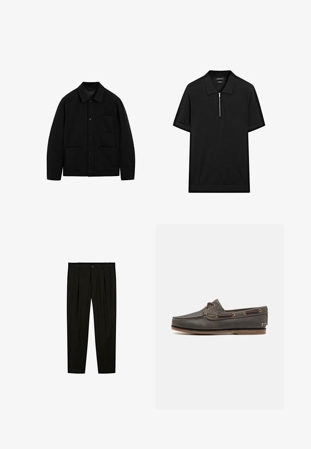 Svart knäppjacka med krage, långa ärmar och tre framfickor, visad mot en vit bakgrund.; Svart kortärmad pikétröja med ståkrage och frontdragkedja. Tillverkad av ett mjukt tyg med en ren, minimalistisk design.; Svarta skräddarsydda byxor i ett mjukt tyg. Funktioner inkluderar slät framdel, vida ben och en knappstängning i midjan.; Mörkbruna läderskor för båten med låg profil, utrustade med mässingsögon och kontrasterande sömmar, platt gummisula och strukturerad yta.