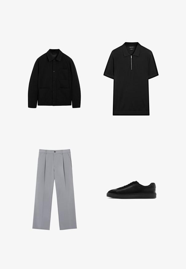 Czarna kurtka zapinana na guziki z kołnierzem, długimi rękawami i trzema przednimi kieszeniami, wyeksponowana na białym tle.; Czarna koszulka polo z krótkim rękawem, z kołnierzykiem stójkowym i zamkiem błyskawicznym z przodu. Wykonana z gładkiego materiału o czystym, minimalistycznym designie.; Szare, plisowane spodnie o luźnym kroju, wykonane z lekkiego materiału. Posiadają przednie kieszenie oraz zapięcie na guzik w talii.; Czarne skórzane trampki o gładkim wykończeniu, okrągłym nosku, z sznurowanym przodem i kontrastującym teksturowanym językiem. Gruba czarna gumowa podeszwa.