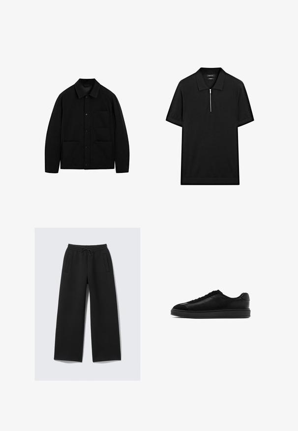 Czarna kurtka zapinana na guziki z kołnierzem, długimi rękawami i trzema przednimi kieszeniami, wyeksponowana na białym tle.; Czarna koszulka polo z krótkim rękawem, z kołnierzykiem stójkowym i zamkiem błyskawicznym z przodu. Wykonana z gładkiego materiału o czystym, minimalistycznym designie.; Czarne spodnie dresowe o szerokich nogawkach z elastycznym pasem i sznurkiem do regulacji, z dwiema pionowymi kieszeniami na przodzie.; Czarne skórzane trampki o gładkim wykończeniu, okrągłym nosku, z sznurowanym przodem i kontrastującym teksturowanym językiem. Gruba czarna gumowa podeszwa.