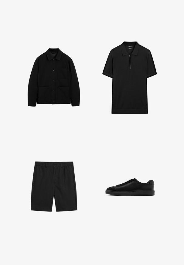 Czarna kurtka zapinana na guziki z kołnierzem, długimi rękawami i trzema przednimi kieszeniami, wyeksponowana na białym tle.; Czarna koszulka polo z krótkim rękawem, z kołnierzykiem stójkowym i zamkiem błyskawicznym z przodu. Wykonana z gładkiego materiału o czystym, minimalistycznym designie.; Czarne szorty wykonane z lekkiego materiału, z elastycznym pasem, zapięciem na guzik i prostym krojem bez wzorów.; Czarne skórzane trampki o gładkim wykończeniu, okrągłym nosku, z sznurowanym przodem i kontrastującym teksturowanym językiem. Gruba czarna gumowa podeszwa.