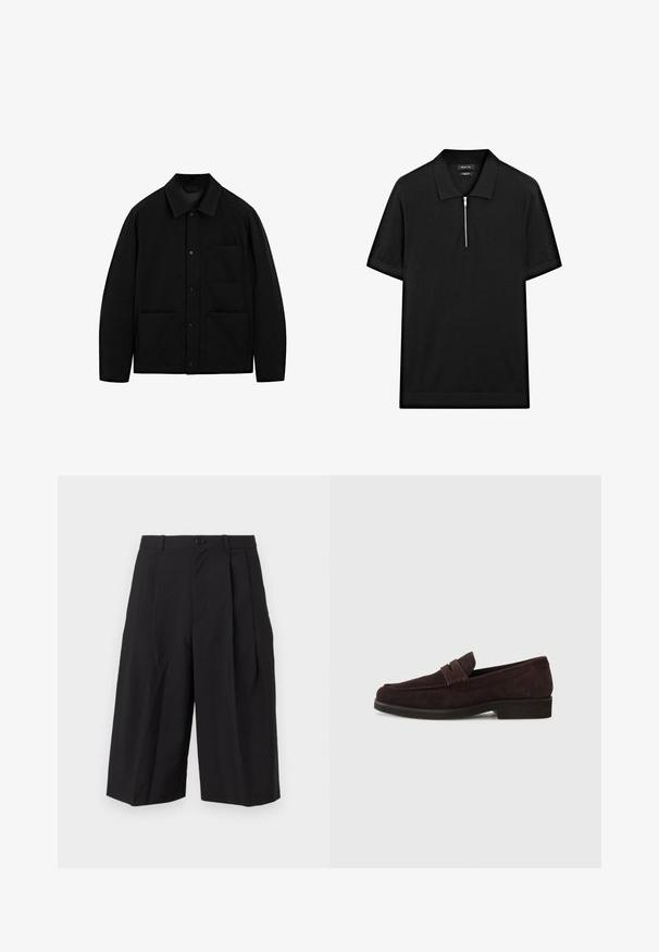 Zwarte button-up jas met een kraag, lange mouwen en drie voorzakken, weergegeven op een witte achtergrond.; Zwarte polo met korte mouwen, een staande kraag en een rits aan de voorkant. Gemaakt van een gladde stof met een schoon, minimalistisch ontwerp.; Zwarte geplooide shorts van stof met een gladde textuur, voorzien van een sluiting met knoop aan de voorkant en brede, losvallende pijpen.; Bruine suède loafers met een lage profiel en ronde neus. Heeft een decoratieve band over de bovenkant, een platte rubberen zool en geen zichtbare stiksels.