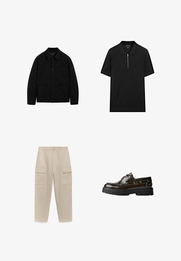 Zwarte button-up jas met een kraag, lange mouwen en drie voorzakken, weergegeven op een witte achtergrond.; Zwarte polo met korte mouwen, een staande kraag en een rits aan de voorkant. Gemaakt van een gladde stof met een schoon, minimalistisch ontwerp.; Beige cargobroeken met een rechtlopende pasvorm, met twee grote zijzakken en een knoopsluiting bij de taille. Glad katoenmateriaal.; Bruine leren bootshoe met een rubberen zool, voorzien van stiksels, metalen oogjes en een vetersluiting. Stevige, lichte constructie.