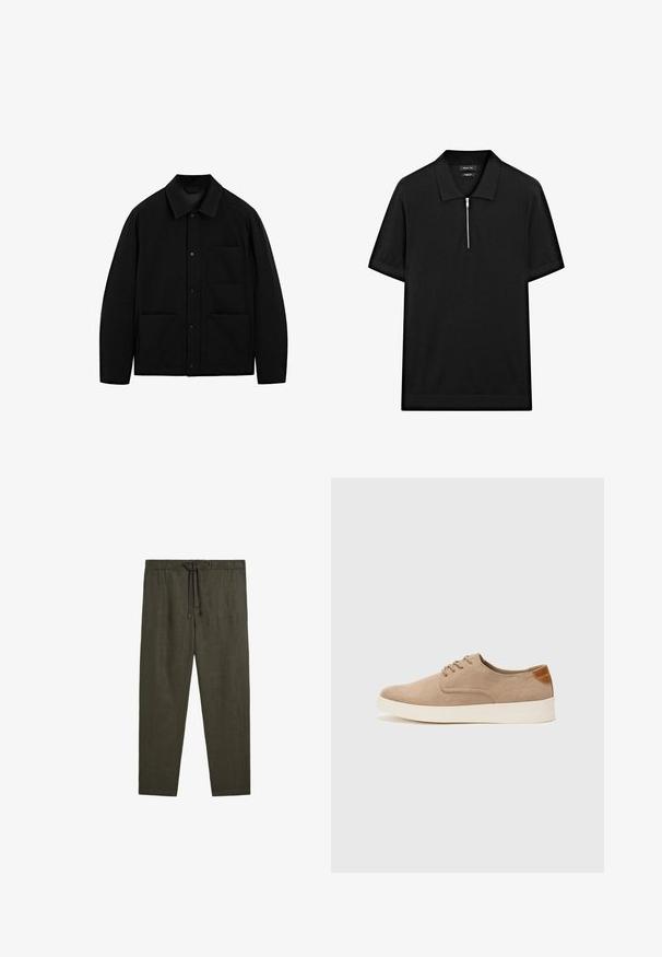 Czarna kurtka zapinana na guziki z kołnierzem, długimi rękawami i trzema przednimi kieszeniami, wyeksponowana na białym tle.; Czarna koszulka polo z krótkim rękawem, z kołnierzykiem stójkowym i zamkiem błyskawicznym z przodu. Wykonana z gładkiego materiału o czystym, minimalistycznym designie.; Massimo Dutti - Spodnie materiałowe; Beżowe zamszowe sneakersy z okrągłym noskiem, sznurowanym przodem i teksturowanym akcentem na tyle. Biała gumowa podeszwa tworzy kontrast. Prosty i nowoczesny design.