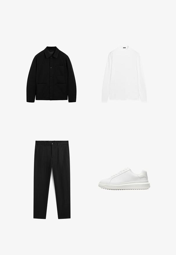 Schwarze Knopfjacke mit Kragen, langen Ärmeln und drei Vorderentaschen, auf einem weißen Hintergrund präsentiert.; Langärmeliges weißes Shirt mit Rundhalsausschnitt, aus glattem Baumwollstoff. Verfügt über gerippte Bündchen und einen geraden Saum, ohne sichtbare Muster.; Schwarze Baumwollhose mit geradem Bein, ausgestattet mit einem Knopfverschluss, Gürtelschlaufen und zwei Seitentaschen. Glatte Textur und minimalistisches Design.; Weißer Sneaker mit einem glatten synthetischen Obermaterial, runder Spitze, flachen Schnürsenkeln, strukturiertem Sohlen und einem geschichteten, Plattform-Design für zusätzlichen Halt.