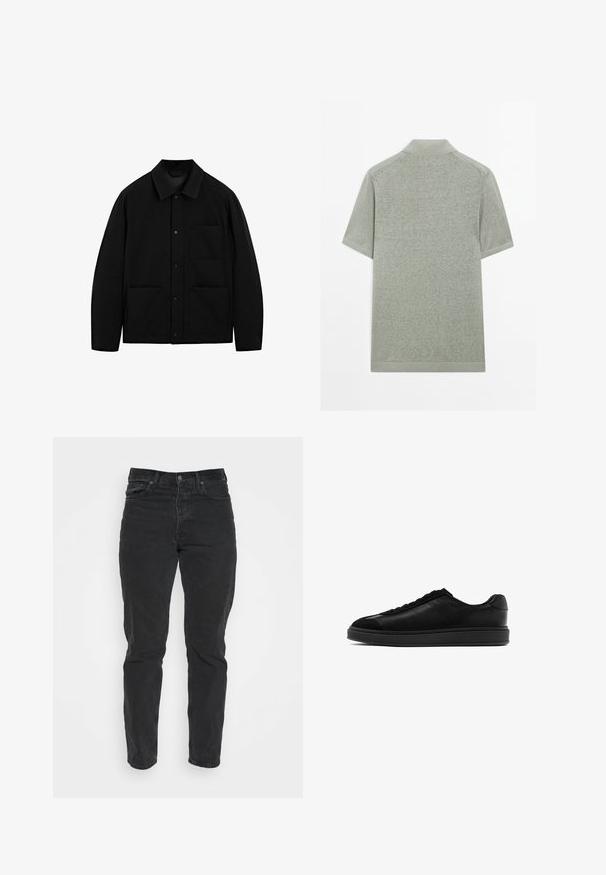 Black button-up jacket with a collar, long sleeves, and three front pockets, displayed on a white background.; Short-sleeved polo shirt in light grey, made from soft fabric with a collared neckline and ribbed cuffs. Textured surface with minimal detailing.; Black denim jeans with a straight fit, five pockets, front button closure, and contrast stitching. Smooth texture with slight wear visible.; Black leather sneakers with a smooth finish, round toe, lace-up front, and a contrasting textured tongue. Thick black rubber sole.