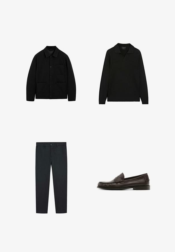 Schwarze Knopfjacke mit Kragen, langen Ärmeln und drei Vorderentaschen, auf einem weißen Hintergrund präsentiert.; Schwarzer Strickpullover mit flachem Kragen und V-Ausschnitt. Verfügt über lange Ärmel sowie gerippte Bündchen und Saum. Textiles Material mit glatter Optik.; Schwarze Hosen mit geradem Bein Design, aus glattem Stoff gefertigt. Besitzt zwei Fronttaschen und einen Knopfverschluss in der Taille.; Braune Leder-Loafers mit glatter Textur, dekorativer Naht, flachem Absatz und einem runden Zehendesign.