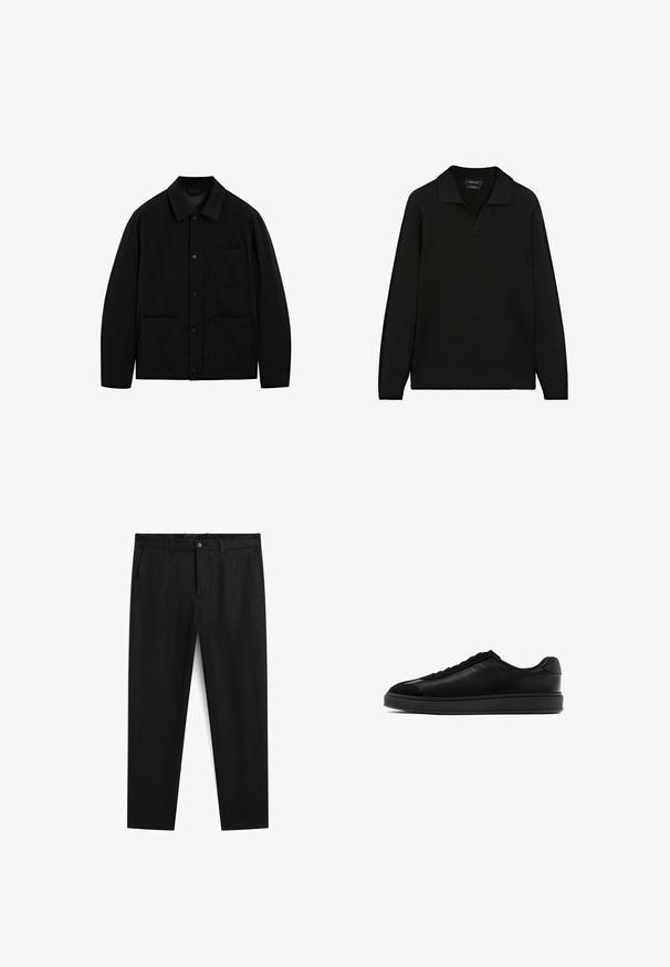 Zwarte button-up jas met een kraag, lange mouwen en drie voorzakken, weergegeven op een witte achtergrond.; Zwarte gebreide pullover met een platte kraag en V-halslijn. Heeft lange mouwen en ribgebreide manchetten en onderkant. Gelaagd stof met een glad uiterlijk.; Zwarte katoenen broek met een rechte pijp, voorzien van een knoopsluiting, riemlussen en twee zijzakken. Soepele textuur en minimalistisch ontwerp.; Zwarte leren sneakers met een gladde afwerking, ronde neus, vetersluiting aan de voorkant en een contrasterende, gestructureerde tong. Dikke zwarte rubberen zool.