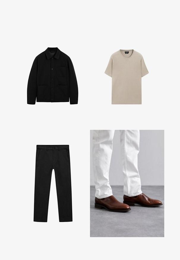 Černá sako s límečkem, dlouhými rukávy a třemi předními kapsami, vystavené na bílém pozadí.; Béžové bavlněné tričko s kulatým výstřihem, krátkými rukávy a volným střihem. Hladký povrch s jednoduchým designem, bez viditelných vzorů nebo akcentů.; Černé bavlněné kalhoty s rovnými nohavicemi, předními kapsami a klasickým zapínáním na knoflík se zipem. Hladká textura, střih na míru.; Hnědé kožené nazouvací boty s hladkým povrchem, špičatou špičkou a plochou podešví, ve spojení s bílými slim-fit kalhotami.