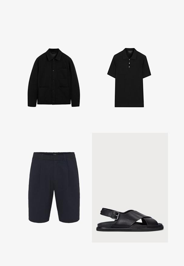 Černá sako s límečkem, dlouhými rukávy a třemi předními kapsami, vystavené na bílém pozadí.; Černé polo tričko s žebrovanou texturou, krátkými rukávy, plochým límcem a zapínáním na tři knoflíky. Jednoduchý a klasický design.; Námořnické tkané kraťasy s texturovanou látkou, mají volný střih, elastický pás a přední sklady. Jednoduchý design bez kapes.; Polo Ralph Lauren ZANE LEATHER SANDAL - Páskové sandály - black