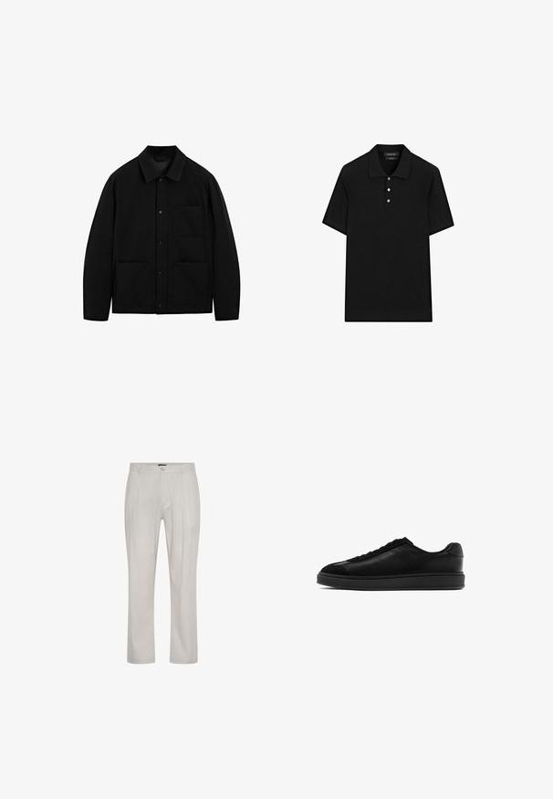 Zwarte button-up jas met een kraag, lange mouwen en drie voorzakken, weergegeven op een witte achtergrond.; Zwarte poloshirt met een geribbelde textuur, korte mouwen, een platte kraag en een knoopsluiting met drie knopen. Eenvoudig en klassiek ontwerp.; Lichtbeige broeken gemaakt van een zachte, gladde stof. Voorzien van een rechte snit, voorplooien en een enkele knoopsluiting in de taille.; Zwarte leren sneakers met een gladde afwerking, ronde neus, vetersluiting aan de voorkant en een contrasterende, gestructureerde tong. Dikke zwarte rubberen zool.