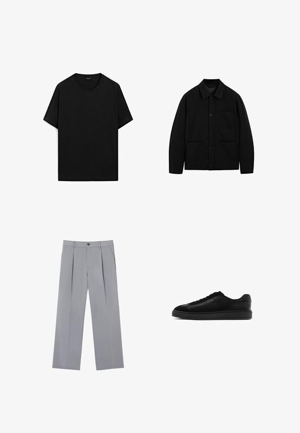 Czarna kurtka zapinana na guziki z kołnierzem, długimi rękawami i trzema przednimi kieszeniami, wyeksponowana na białym tle.; Czarna koszulka z krótkim rękawem wykonana z bawełny, z okrągłym dekoltem, charakteryzująca się gładką teksturą i prostym wzornictwem. Brak widocznych logo.; Szare, plisowane spodnie o luźnym kroju, wykonane z lekkiego materiału. Posiadają przednie kieszenie oraz zapięcie na guzik w talii.; Czarne skórzane trampki o gładkim wykończeniu, okrągłym nosku, z sznurowanym przodem i kontrastującym teksturowanym językiem. Gruba czarna gumowa podeszwa.
