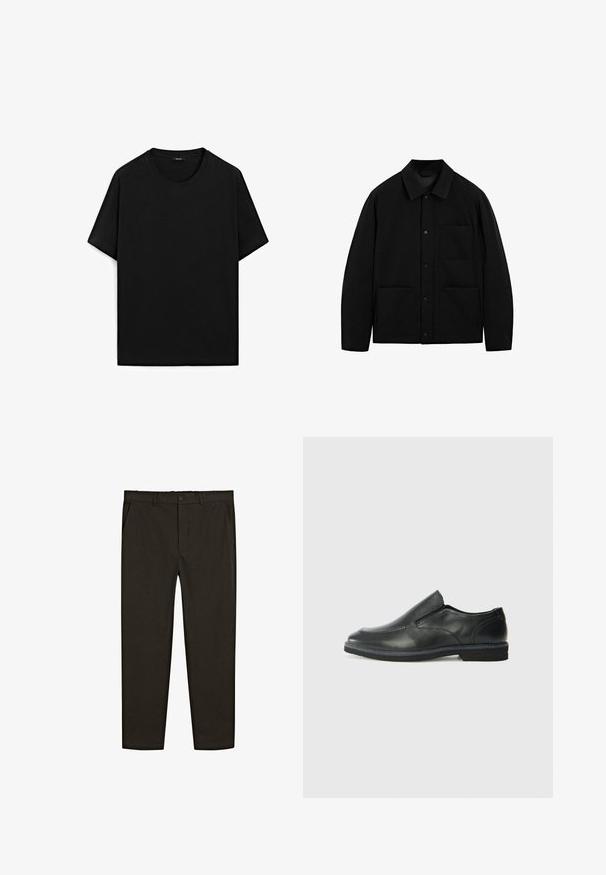Zwarte button-up jas met een kraag, lange mouwen en drie voorzakken, weergegeven op een witte achtergrond.; Zwarte korte mouwen t-shirt van katoen met een ronde halslijn, met een gladde textuur en een eenvoudig ontwerp. Geen zichtbare merknaam.; Donkerbruine, geweven stofbroek met een recht model, voorzakken en een knoopsluiting op de taille. Glad textuur.; Zwarte leren instapper met een soepele bovenkant, gestikte accenten, ronde neus en een lage rubberen hak. De zool heeft minimale profiel.