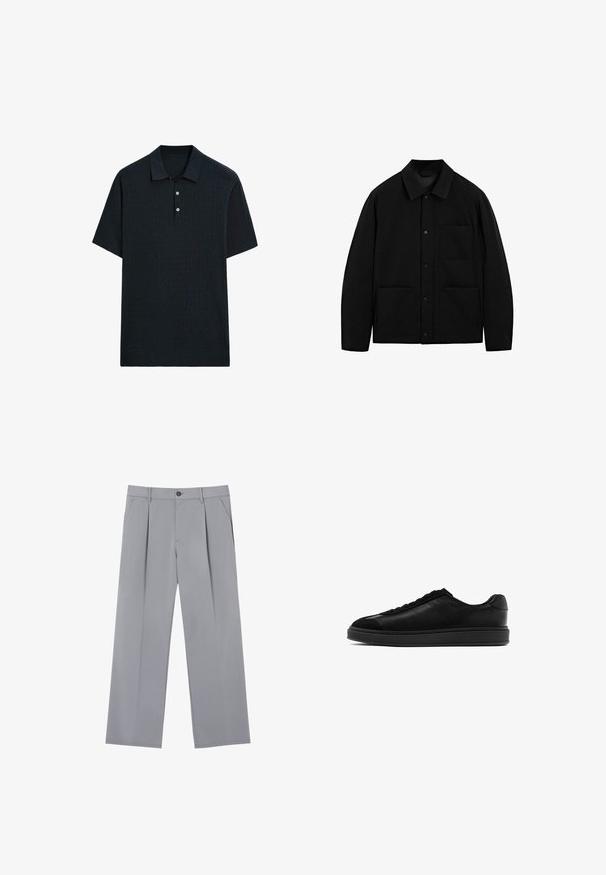 Giacca nera con bottoni, colletto, maniche lunghe e tre tasche frontali, esposta su uno sfondo bianco.; Polo a maniche corte di un blu navy scuro in tessuto a maglia strutturato, con colletto e apertura con tre bottoni, dalla linea dritta.; Pantaloni grigi con pieghe, dal taglio rilassato, realizzati in un tessuto leggero. Presentano tasche frontali e una chiusura con bottone in vita.; Sneaker in pelle nera con finitura liscia, punta rotonda, laccio frontale e linguetta testurizzata a contrasto. Suola in gomma nera spessa.