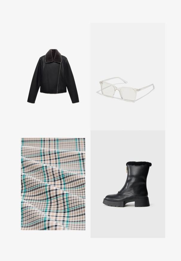 Svart läderjacka med en grå fuskpälskrage, kort design, långa ärmar och en diagonalt framtill placerad dragkedja.; Krämfärgad långärmad topp med hög krage, mjuk textur och avslappnad passform. Sömlösa axlar och rak nederkant med sidoflikar.; Rutig tyg i beige, svart och teal. Har ett rutmönster med fina linjer och strukturerad yta, som visar en blandning av rutor och ränder.; Svart läderankelhboot med en foder i shearling, sidodragkedja, kraftig gummisula och minimalistisk design. Slät textur och matt yta.; Klart plastfyrkantiga glasögon med genomskinliga linser, med guldfärgade detaljer på bågarna för extra stil.