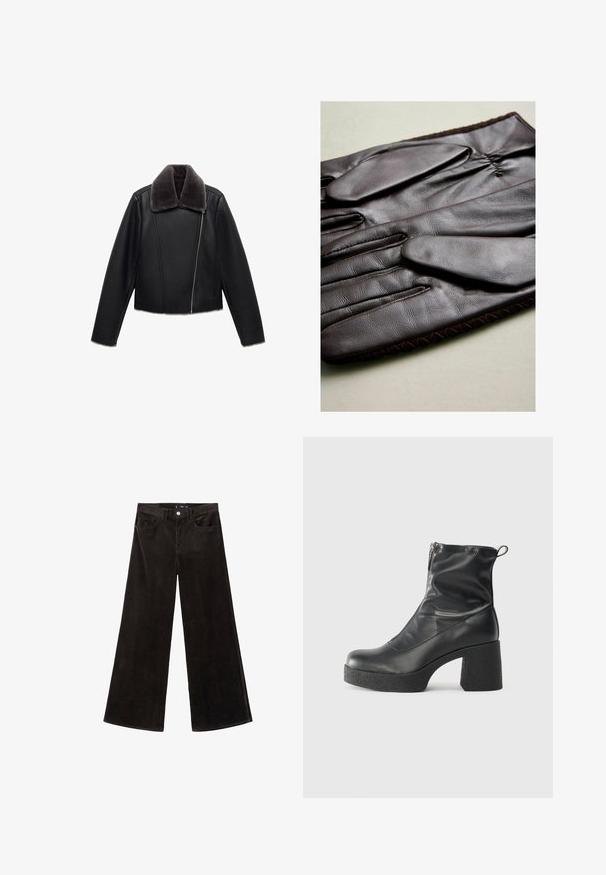 Veste en cuir noire avec un col en fausse fourrure grise, design court, manches longues et fermeture éclair diagonale à l'avant.; Pull ajusté noir à manches longues et côtelé avec un col rond, présenté sur un fond clair uni.; Pantalons en velours côtelé noirs à jambes larges avec une taille haute, poches avant, et un tissu texturé, dotés d'une fermeture à bouton et de passants de ceinture.; Bottes noires à la cheville en cuir lisse, dotées d'une fermeture éclair sur le côté, d'un talon épais texturé et d'une conception à bout rond.; Gants en cuir marron avec une texture lisse, dotés de cinq doigts, d'un poignet élastique et de coutures décoratives le long du bord.