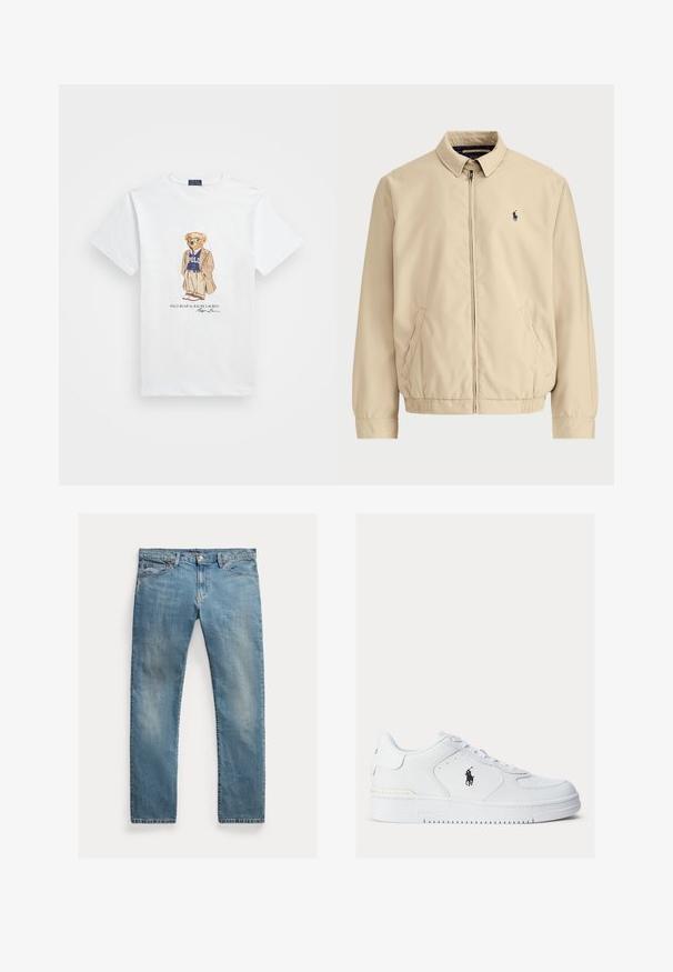 Šviesiai rudas lengvas švarkas su stoišku apykakle, priekiniu užtrauktuku, šoninėmis kišenėmis ir mažąja tamsiai mėlyna logotipu kairėje krūtinės pusėje. Pagamintas iš lygaus medžiagos.; Balta medvilninė marškinėlių su pieštuku pavaizduotu lokiu, dėvinčiu akinius nuo saulės, švarką ir purpurinį "Polo" megztinį. Po dizainu yra parašas.; Šviesiai mėlynos džinsinės kelnės su tiesia kirpimu, mygtukų užsegimu, penkiais kišenėmis, švelnia nublukimu ir siūlų akcentais.; Balti odiniai sportbačiai su tekstūruotais šonais, apvaliu priekiu ir perforacijomis. Yra juodas logotipas, raištelių užsegimas ir storas guminis padas.