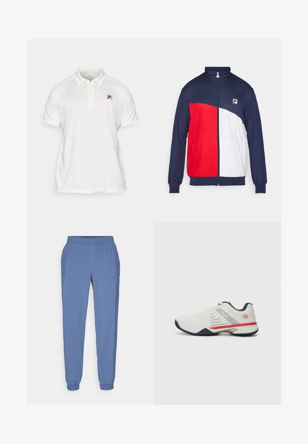 Červená, bílá a námořnická modrá zipová bunda s vysokým límcem, elastickými manžetami a bočními kapsami; na hrudi má nášivku s logem.; Fila HARRY - Polotričko - white alyssum; Modré, lehké joggingové kalhoty s elastickým pasem a manžetami. Mají hladkou texturu a malé logo na boku.; Bílé atletické boty s šedými a červenými akcenty, texturovaný síťovaný svršek, flexibilní podešev a výrazný design bočního panelu. Obsahují šněrování.