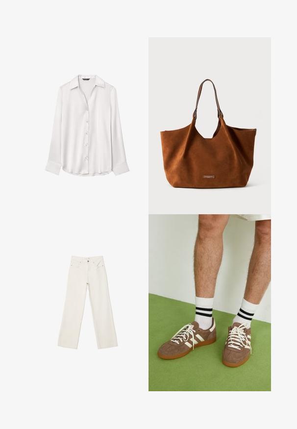 Camel wool blend coat with a notched collar, belted waist, and long sleeves. Features a straight cut and minimalistic design.; White long-sleeve button-up shirt in smooth, shiny fabric. Features a pointed collar, visible buttons, and subtle curved hemline.; White wide-leg jeans made of denim, featuring a high-rise waist, front pockets, and a button closure. Clean design with minimal accents.; Brown suede sneakers with white accents and laces. Rubber gum sole. Worn with white socks featuring black stripes. Green textured flooring.; Brown suede tote bag with soft texture, large shape, and elongated leather straps. Features a logo plaque on the front.