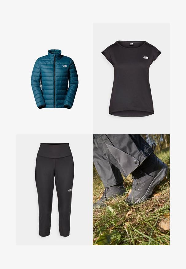 Teal-kviltad North Face-jacka med full frontdragkedja, två fickor med dragkedja på sidan och hög krage för kallt väder.; The North Face TANKEN TANK - Tekninen t-paita - black; Mustat capri-collegehousut, jotka on valmistettu joustavasta kankaasta. Ne sisältävät korkean vyötärön ja pienen valkoisen logon vasemmalla puolella. Silkkinen pinta.; Musta vesitiivis vaelluskengät, joissa on teksturoitu kangas ja kumipohjat, yhdessä harmaiden housujen kanssa, joissa on painonappi-yksityiskohtia, asetettuna ruohikkaan päälle, jossa on lehtiä.