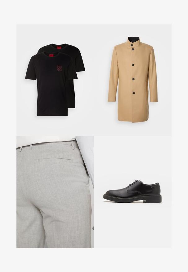 Beige wool coat with a high collar, front button closure, and two side pockets. Smooth texture and a tailored silhouette.; Two black cotton T-shirts with a round neckline. Features a red "HUGO" logo on the chest. Simple design, short sleeves, and regular fit.; Light gray tailored trousers made of textured fabric, featuring a single back pocket and clean stitching.; Black leather lace-up shoe with a rounded toe, smooth texture, minimal stitching, and a low rubber heel. Logo on the heel.