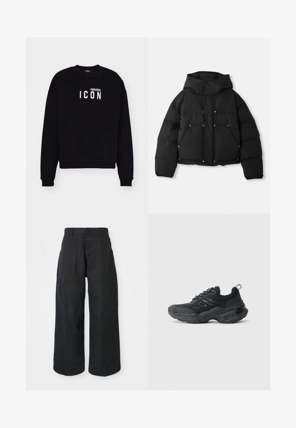 Mustern mustern mustern mustern mustern musternmustern mustern musternmustern"}}}; Must säärkate, mis on valmistatud pehmest kangast. Omab ümmargust kaelust ja pikki varrukaid. Keskelt valge logo tekst "DSQUARED2 ICON." Klassikaline lõige.; Mustad laiad mustad püksid, valmistatud kanvasest materjalist, nööbiga kinnitusega, kahe ees oleva taskuga ja lõdva lõikega.; Mustad must spordijalatsid tekstureeritud võrgu pealispinnaga, paksu kummist tallaga ja peegeldavate elementidega. Erakordne paks nööprida ja tagumine tõmbetapp.