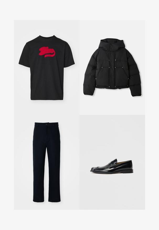 Čierna nafúknutá bunda s kapucňou, s kratším dizajnom, zapínaním na cvoky a dvoma prednými vreckami, vyrobená z hladkej látky.; Čierne bavlnené tričko s okrúhlym výstrihom, so zakriveným červeným vyšitým logom "Blue Marble" na prednej strane.; Námornícke modré nohavice vyrobené z bavlny, so strihom rovného nohavice, predným zapínaním na gombík a klasickým pásom s pútkami na opasok.; Čierne kožené loafery s hladkým povrchom, zaoblenou špičkou, dekoratívnym prešívaním a nízkym zloženým opätkom. Žiadne viditeľné logo.