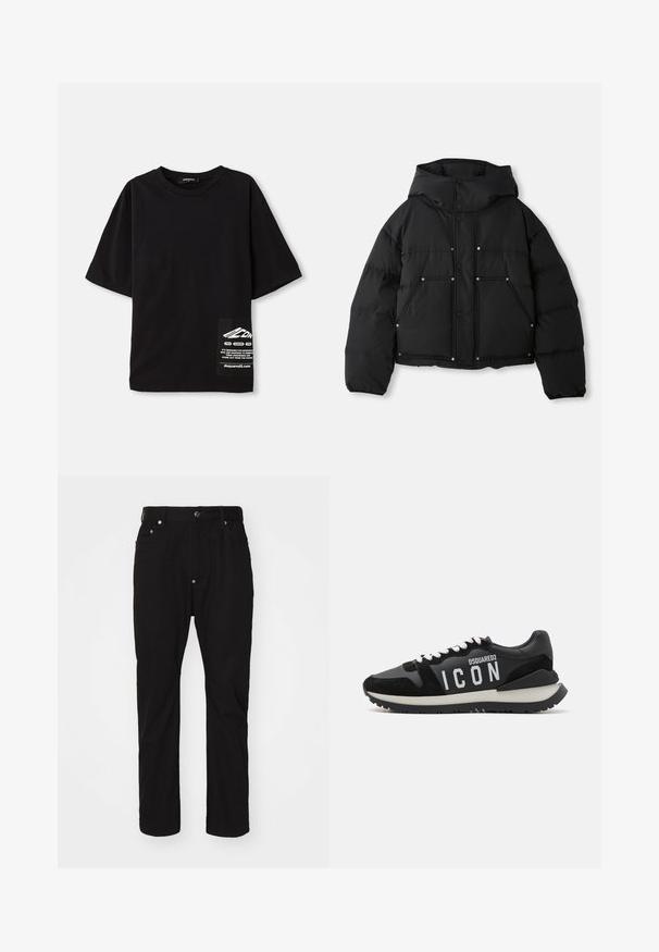 Zwarte cropped pufferjas met capuchon, voorzien van drukknopen en twee voorzakken. Gladde textuur met doorgestikte delen voor isolatie.; Zwarte oversized t-shirt van katoen, met korte mouwen, een ronde halslijn en een label met witte tekst op een zijzak.; Zwarte katoenen broek met een rechte pasvorm, knoopsluiting, vijfzakkenontwerp en subtiele textuur. Geen zichtbare versieringen of patronen.; Zwarte sneakers van leer en suede, met een witte "ICON" logo en een contrasterende zwarte zool. De veters zijn wit; het ontwerp is sportief.