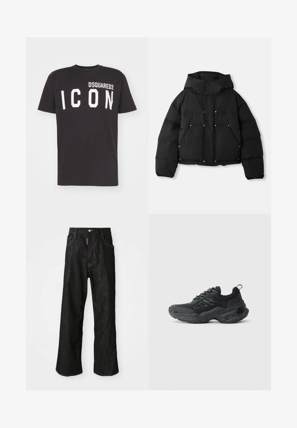 Črna puhasta jakna s kapuco, ki ima krajšan dizajn, gumbe za zapiranje na pritisk in dve sprednji žepi, izdelana iz gladkega blaga.; Črna bombažna majica s krožnim izrezom in kratkimi rokavi, s tiskanimi debelimi belimi črkami "DSQUARED2 ICON" na sprednji strani.; Črne ravne hlače z rumenim šivom, pet žepov, gumbno zapiranje in majhna rdeča oznaka na sprednjem desnem žepu.; Črne športne čevlje z teksturiranim zgornjim delom iz mrežastega materiala, masivnim gumijastim podplatom in odsevnimi poudarki. Imajo debele vezalke in zanko na zadnjem delu.