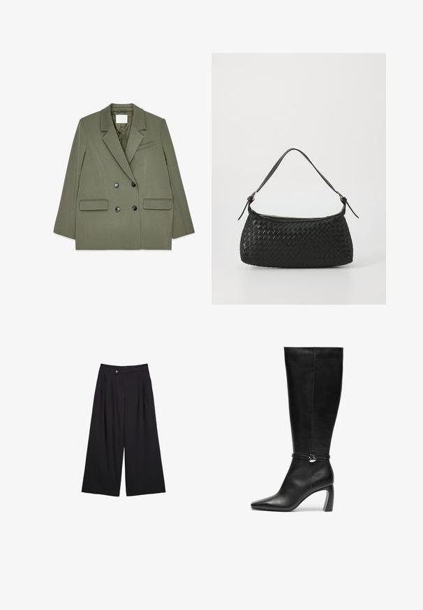 Oliwkowa, podwójnie zapięta marynarka uszyta z fakturowanej tkaniny, z klasycznymi klapami, dwoma przednimi kieszeniami i okrągłymi czarnymi guzikami.; Asymetryczna czarna bluzka wykonana z gładkiego materiału, z marszczonym wzorem i akcentem z złotego metalu z jednej strony.; Czarne spodnie wide-leg z gładkiego materiału, z przednimi zaszewkami, zapięciem na guzik i wysokim stanem.; Czarne skóropodobne botki do kolan z ostrym noskiem i masywnym obcasem. Posiadają pasek z okrągłym akcentem na kostce.; Czarna, pleciona torba na ramię z gładkim skórzanym paskiem i zapięciem na zamek. Charakteryzuje się teksturowaną powierzchnią i zakrzywionym kształtem.; Złoty prostokątny zegarek z białą tarczą, minimalistycznymi znacznikami godzin i metalową siateczkową bransoletą. Posiada boczną koronę do nastawiania czasu.