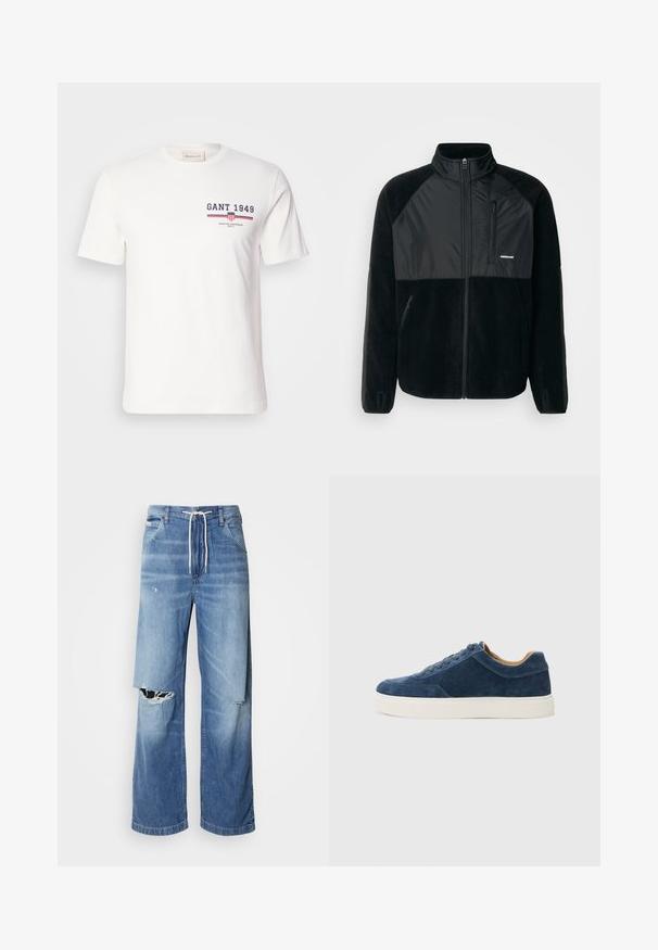 Crna dukserica od flisa s patentnim zatvaračem sprijeda, raglan rukavima i teksturiranim panelom na prsima. Ima bočne džepove i visoki ovratnik.; Bijela pamučna majica kratkih rukava s logotipom "GANT 1949" u tamnoplavoj i crvenoj boji, te horizontalnim naglascima u crvenoj i plavoj boji.; Svijetloplave traperice s opuštenim krojem, s bijelim uzicom u struku i izraženim izrezima sprijeda koji otkrivaju iscepan rub.; Plave nubuk teniske s bijelim gumennim potplatom, dizajn na vezivanje, zaobljeni prst i kontrastna bež unutrašnjost. Suptilni detalji šivanja.