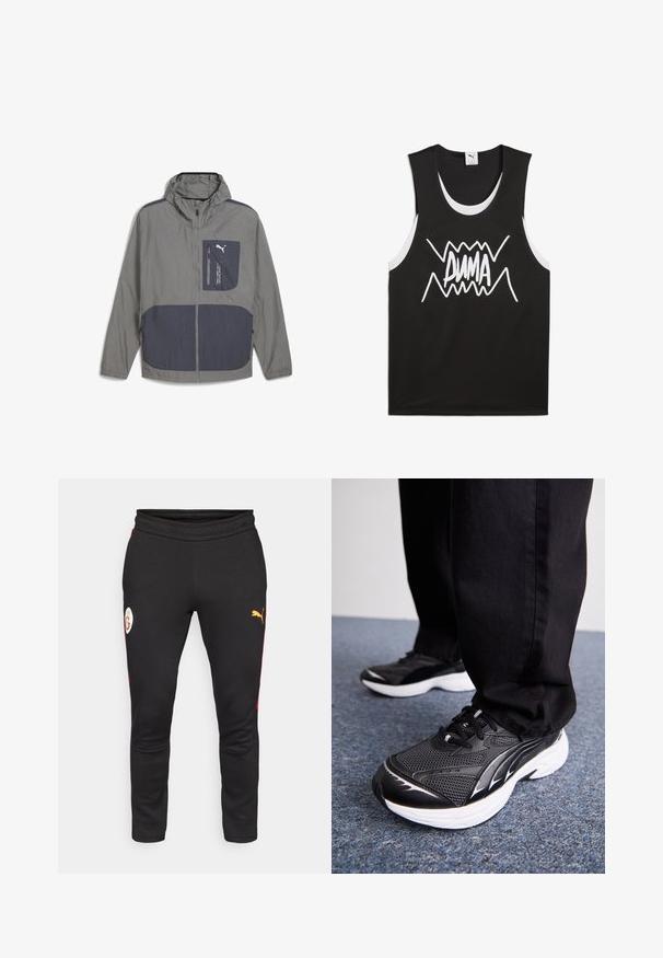 Lengvas pilkas švarkas su kapišonu, su tamsiai mėlynu akcentu kišenėje ir užtrauktuke, lygaus paviršiaus ir sportiškos išvaizdos.; Juodas be rankovių tankas su baltais akcentais, viduryje išryškintas ryškus, stilizuotas "PUMA" logotipas. Pagamintas iš mesh tipo audinio.; Juodos sportinės kelnės su raudonais šonų akcentais, su baltu logotipo ženkleliu ir geltonu Puma logotipu. Pagamintos iš minkštos, tamprių medžiagos.; Juodos sportinės bateliai su tinklelio audiniu, baltais padais ir juodais akcentais. Padu paviršius yra tekstūruotas. Nešiojami su juodomis kelnėmis ant mėlyno kiliminio paviršiaus.