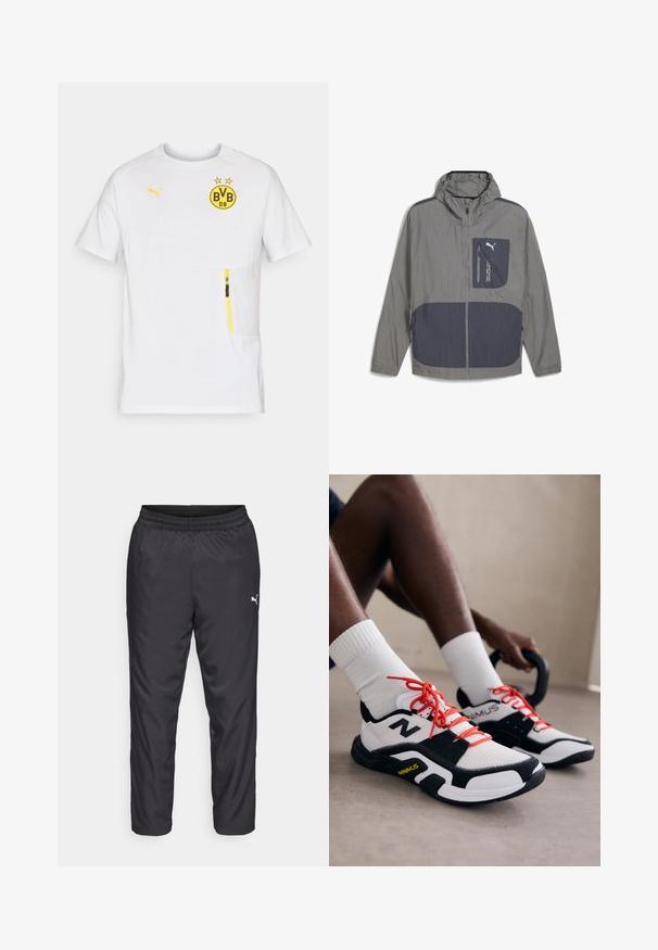 Lätt grå jacka med huva, utrustad med en ficka och dragkedja i mörkblå accent, slät textur och en sportig design.; Vit sportskjorta med kort ärm, med en gul BVB-logotyp, gula detaljer och en ficka med dragkedja på framsidan till vänster. Lättviktig material.; Svart sportbyxor i slätt, lätt material. Har resår i midjan och en liten vit logotyp på vänster sida.; Vita och svarta träningsskor med röda snören, mesh övre del och gummisula. Har en logotyp på sidan och en texturerad design.
