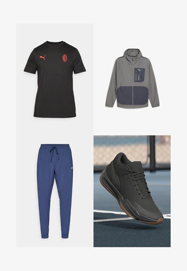 Lengvas pilkas švarkas su kapišonu, su tamsiai mėlynu akcentu kišenėje ir užtrauktuke, lygaus paviršiaus ir sportiškos išvaizdos.; Juodas trumpomis rankovėmis marškinėliai, pagaminti iš minkštos medžiagos. Priekyje kairėje krūtinės pusėje yra raudonas Puma logotipas ir raudonas siuvinėtas klubo emblema.; Tamsiai mėlynos sportinės kelnės su elastinga juosta, raišteliu ir siaurėjančiais rankogaliais. Yra šoninės kišenės ir mažas logotipas ant vienos kojos.; Juodas sportinis batelis su lygiu sintetine viršutine dalimi, tekstūruotais akcentais ir guma padanga, skirtas našumui ir komfortui.