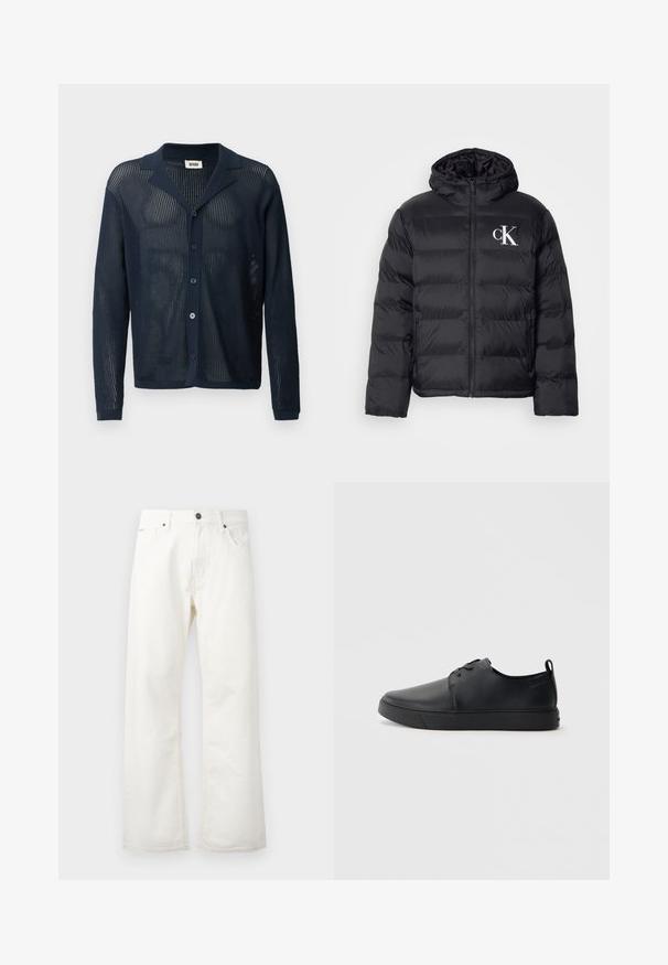 Casaco puffer preto com fecho frontal, capuz e logótipo "CK" branco. Apresenta um design acolchoado e uma textura suave e brilhante.; Cardigan malha em rede azul-marinho, com colarinho, botões frontais e mangas longas, apresentando uma textura leve e respirável.; Jeans brancos de corte amplo feitos de denim, com uma cintura standard, bolsos frontais e fecho de botão. Tecido texturizado com um acabamento limpo.; Sapatilha de couro preta com um acabamento liso, bico arredondado, costura ton sur ton, frente com atacadores e sola plana de borracha. Alça no calcanhar.
