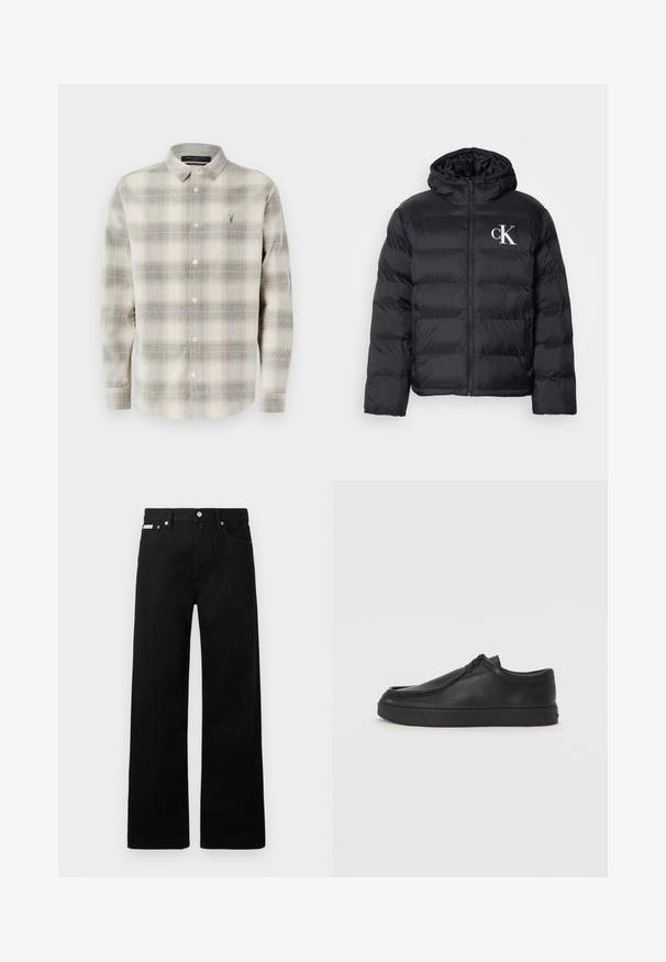 Schwarze Daunenjacke mit Reißverschluss vorne, Kapuze und weißem "CK"-Logo. Verfügt über ein gestepptes Design und eine glatte, glanzvolle Textur.; Kariertes Hemd in Creme-, Grau- und Brauntönen. Lange Ärmel, Button-Down-Kragen, Frontknopfleiste und kleines Logo auf der Brust. Strukturierter Stoff.; Schwarze Denim-Hose im weiten Bein-Design mit fünf Taschen und metallenen Knopfdetails. Glatte Textur, ohne sichtbare Muster.; Schwarze Leder-Schlupfschuhe mit runder Zehenform, genähten Details und schwarzer Gummisohle. Glatte Textur mit minimalistischem Design.