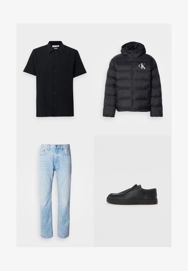 Mustat untuvatakki, jossa on vetoketjullinen etuosa, huppu ja valkoinen "CK"-logo. Takissa on tilkkutäkkikuvio ja sileä, kiiltävä pinta.; Musta lyhythihainen paita, jossa on kuvioitu pystyraitakuvio, napillinen etuosan sulku ja klassinen kaulus sekä rento istuvuus.; Vaaleansiniset farkut suoranlahkeisella leikkauksella, joissa on haalistuneita kohtia, viisi taskua ja klassinen nappisuljenta.; Musta nahkainen slip-on-kengät pyöristetyllä varvalla, tikattu yksityiskohta ja musta kumipohja. Sileä pinta ja minimalistinen muotoilu.