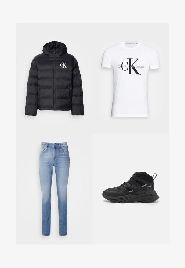 Mustam švammjakke, millel on esiküljel tõmblukk, kapuuts ja valge "CK" logo. Omab quiltitud disaini ja siledat, läikivat tekstuuri.; Valge puuvillane T-särk, millel on must "CK" logo ja "Calvin Klein Jeans" tekst, lühikesed varrukad ning klassikaline ümmargune kaelus.; Heled sinised teksad otse lõikega, millel on keskmise kõrguse vöökoht, viis taskut ja õrn tuhmumine kangal.; Mustad matkajalatsid, millel on kihiline disain, tekstureeritud kangas ja kummist tallad, tugevduskohtadega ning sidumisfront.