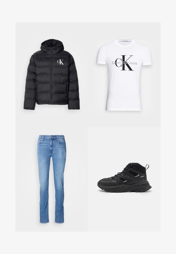 Una chaqueta acolchada negra con cremallera frontal, capucha y el logo "CK" en blanco. Presenta un diseño acolchado y una textura suave y brillante.; Camiseta de algodón blanca con un logo negro "CK" y el texto "Calvin Klein Jeans", manga corta y un clásico escote redondo.; Vaqueros ajustados de un azul claro con cierre frontal de botón y cremallera, cinco bolsillos y un ligero desvanecimiento en los muslos y las rodillas.; Botas de senderismo negras con un diseño estratificado, tejido texturizado y suela de goma, con áreas reforzadas y cordones en la parte delantera.