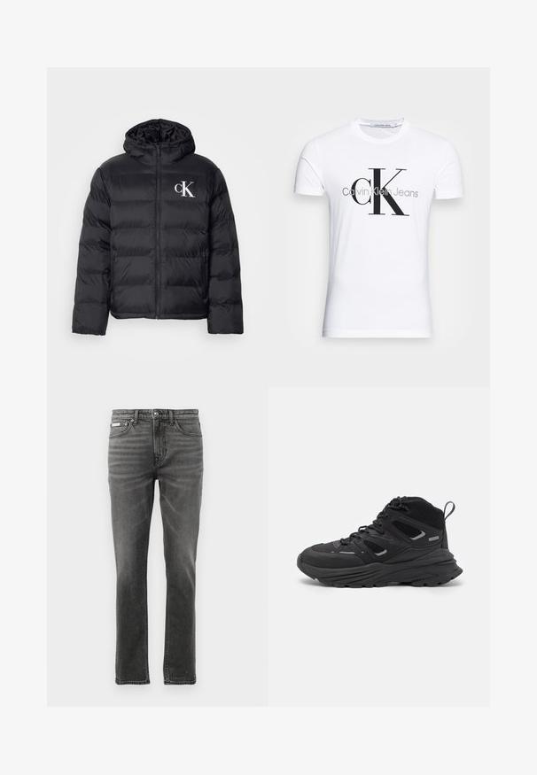 Fekete puffernadrágos dzseki, elülső cipzárral, kapucnival és fehér "CK" logóval. Steppelt kialakítású, sima, fényes textúrával rendelkezik.; Fehér pamut póló fekete "CK" logóval és "Calvin Klein Jeans" felirattal, rövid ujjal és klasszikus, kerek nyakkivágással.; Sötétszürke farmernadrág egyenes szárú szabással, öt zsebes kialakítással, finom elhalványulásokkal és fém hardware díszítésekkel a deréknál.; Fekete túracipő rétegezett kialakítással, texturált anyaggal és gumitalppal, megerősített részekkel és fűzős elülső résszel.
