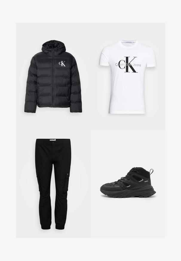 Schwarze Daunenjacke mit Reißverschluss vorne, Kapuze und weißem "CK"-Logo. Verfügt über ein gestepptes Design und eine glatte, glanzvolle Textur.; Weißes Baumwoll-T-Shirt mit schwarzem "CK"-Logo und dem Text "Calvin Klein Jeans", kurzen Ärmeln und einem klassischen Rundhalsausschnitt.; Schwarze Cargo-Hosen mit elastischem Bund, schmal zulaufenden Beinen und seitlichen Taschen. Hergestellt aus leichtem Stoff mit glatter Textur.; Schwarze Wanderschuhe mit einem geschichteten Design, strukturiertem Stoff und Gummisohle, verstärkten Bereichen und Schnürung vorne.