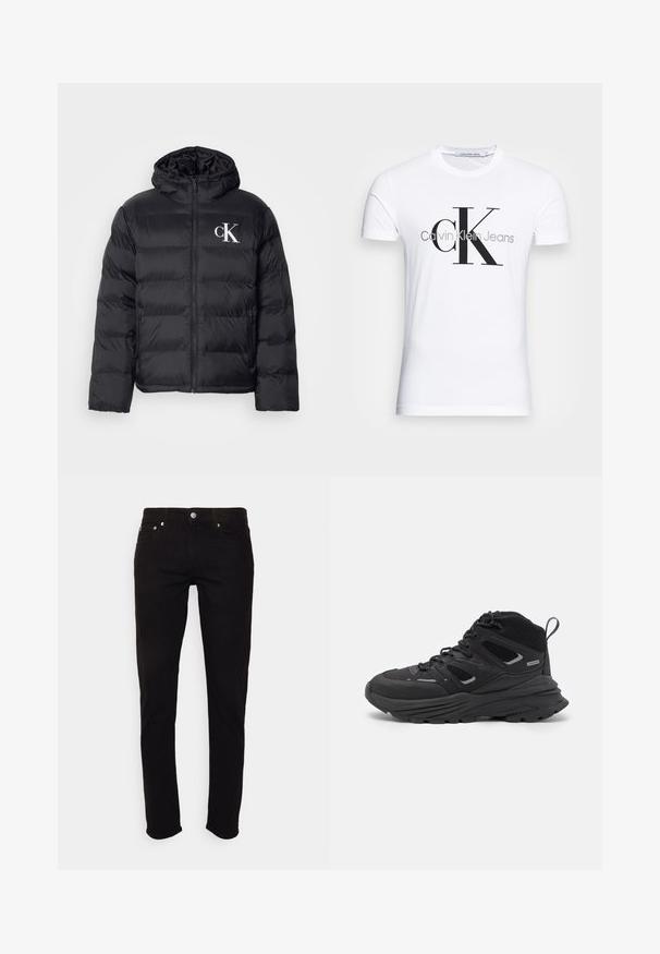 Mustam švammjakke, millel on esiküljel tõmblukk, kapuuts ja valge "CK" logo. Omab quiltitud disaini ja siledat, läikivat tekstuuri.; Valge puuvillane T-särk, millel on must "CK" logo ja "Calvin Klein Jeans" tekst, lühikesed varrukad ning klassikaline ümmargune kaelus.; Musta teksapaar, millel on kitsas istuvus, viie tasku disain ja metallist detailid, klassikalise nööbi ja lukuga sulgemine.; Mustad matkajalatsid, millel on kihiline disain, tekstureeritud kangas ja kummist tallad, tugevduskohtadega ning sidumisfront.