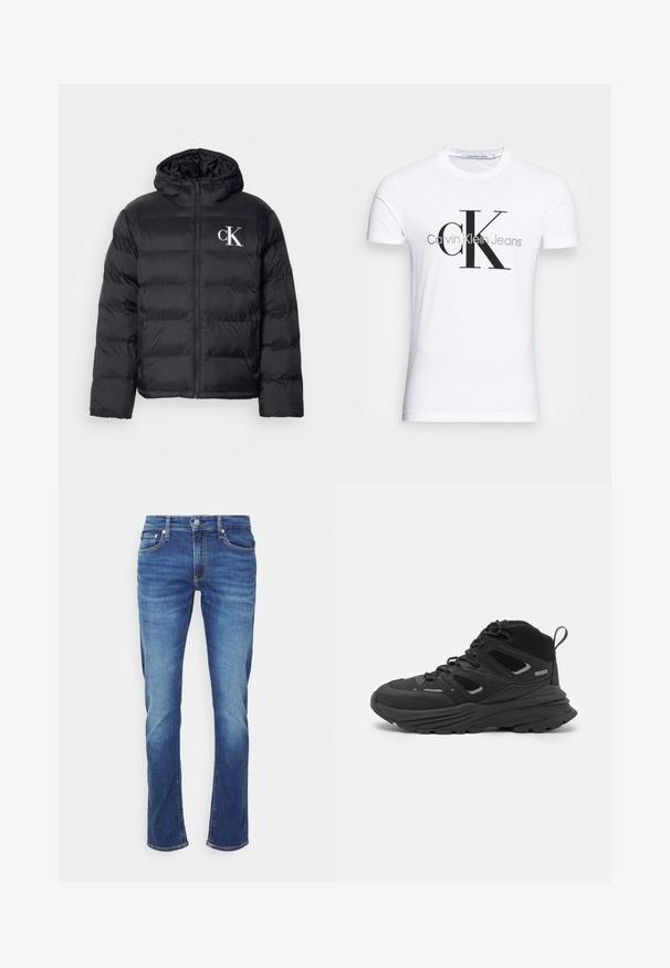 Črni puffjakna z zadrgo spredaj, kapuco in belim logotipom "CK". Ima prešito zasnovo in gladko, sijočo teksturo.; Bela bomba majica iz bombaža z črnim logotipom "CK" in napisom "Calvin Klein Jeans", kratkimi rokavi in klasičnim okroglim ovratnikom.; Modre jeans hlače s ravnim krojem. Značilnosti vključujejo tradicionalno postavitev petih žepov in vidne šive.; Črne pohodne čevlje z večplastno zasnovo, teksturirano tkanino in gumijastim podplatom, z ojačanimi deli in vezalkami spredaj.