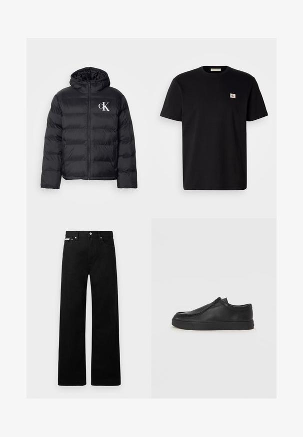 Black puffer jacket with a zip front, hood, and white "CK" logo. Features a quilted design and smooth, shiny texture.; Black cotton t-shirt with short sleeves, crew neck, and a small embroidered logo on the left chest. Smooth texture, regular fit.; Black denim pants with a wide-leg design, featuring five pockets and metallic button hardware. Smooth texture, no visible patterns.; Black leather slip-on shoe with a rounded toe, stitched detailing, and black rubber sole. Smooth texture with minimalistic design.