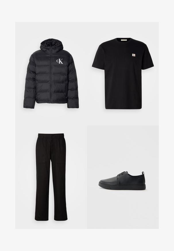 Mustam švammjakke, millel on esiküljel tõmblukk, kapuuts ja valge "CK" logo. Omab quiltitud disaini ja siledat, läikivat tekstuuri.; Mustmustärg t-särk lühikeste varrukatega, ümmarguse kaelusega ja väike tikitud logo vasakul rinnal. Sile tekstuur, tavaline sobivus.; Mustad lõdva istuvusega mustad püksid, mis on valmistatud kergest kangast. Omavad elastset vöökohta, nööbiga sulgemist ja kahte esist taskut.; Mustaläik nahast spordijalatsid siledaga viimistlusega, ümarate varvastega, sama tooni õmblustega, nööbid ees, ja lamedate kummist tallaga. Kannas aas.