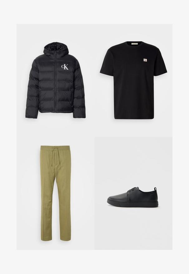 Doudoune noire avec fermeture éclair à l'avant, capuche et logo "CK" blanc. Présente un design matelassé et une texture lisse et brillante.; T-shirt en coton noir avec des manches courtes, col ras du cou, et un petit logo brodé sur la poitrine gauche. Texture lisse, coupe régulière.; Pantalons vert olive clair en tissu doux et léger. Dotés d'une taille élastique avec cordon de serrage et de jambes droites.; Baskets en cuir noir avec une finition lisse, bout arrondi, coutures ton sur ton, devant à lacets et semelle plate en caoutchouc. Anse au talon.